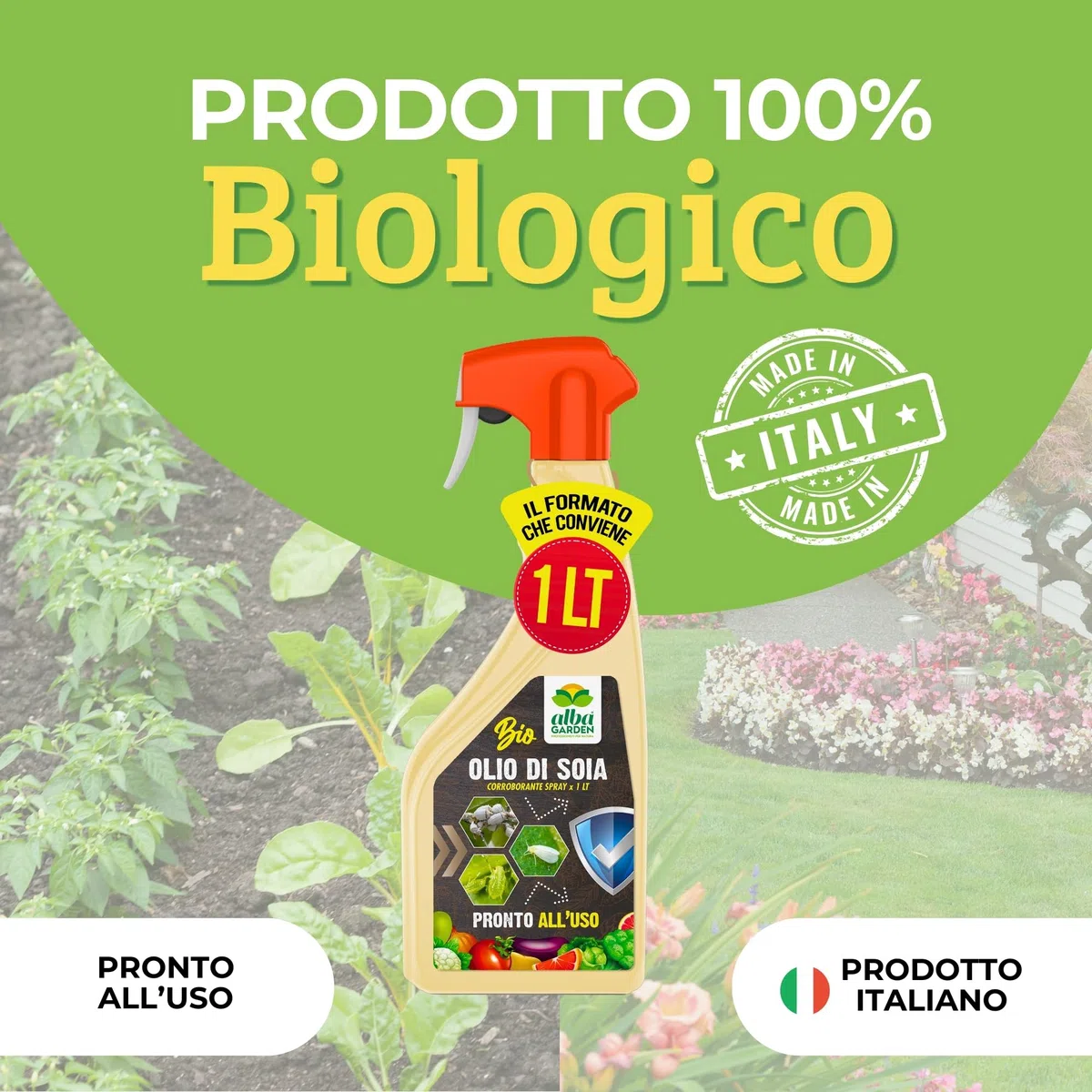 Albagarden - Aceite vegetal blanco de soja para cochinilla, áfidos, mosca blanca, insectos y parásitos - Para huerto, jardín y ornamentales - Aceite vegetal de soja 100% natural x 1 litro en spray
