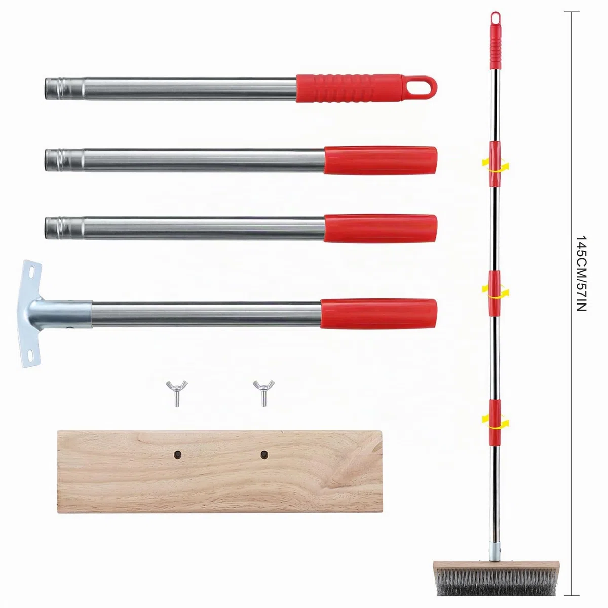 Mitclear Escoba de Alambre con Mango Telescópico (145cm), Cepillo de Cerdas de Metal Rígido para Eliminar de Musgo, Malas Hierbas y Manchas Difíciles, Escoba de Exterior para Patio, Terraza, Jardín