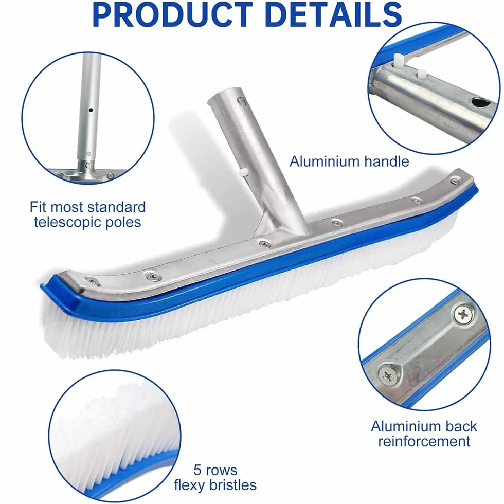 Cepillo Piscina con pertiga 180cm,Cepillo para Limpiar Piscinas 45cm,Cepillo para Limpiar Piscinas,con Barra de Aluminio Ajustable y Parte Trasera de Aluminio Reforzado para Paredes, Azulejos
