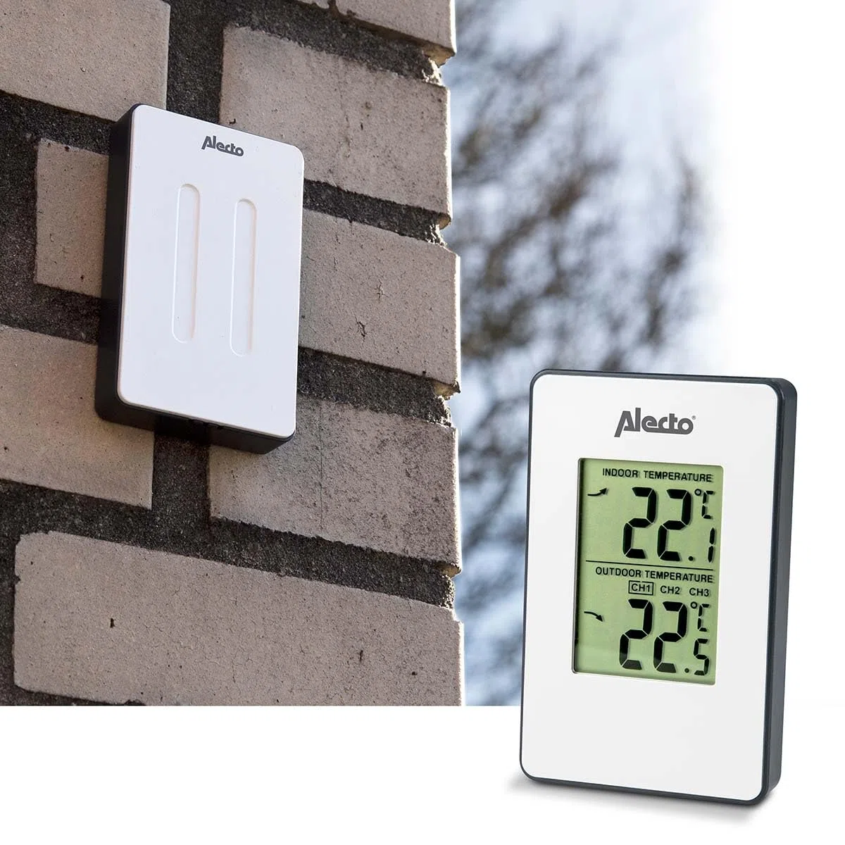Alecto WS-1050 - estación meteorológica con sensor exterior inalámbrico - pantalla grande - alcance de 30 m - el sensor registra temperatura interior y exterior - blanco, 14 x 2 x 12 cm