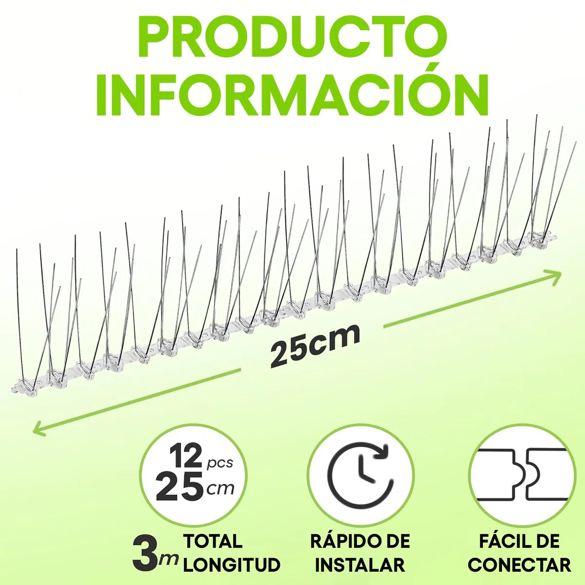 Pinchos ANTIPALOMAS - Púas de Acero Inoxidable para pájaros - Disuasivo Duradero para Palomas: excelente Elemento disuasorio para pájaros, Cuervos y pájaros carpinteros - Cubre 10 pies / 3 Metros