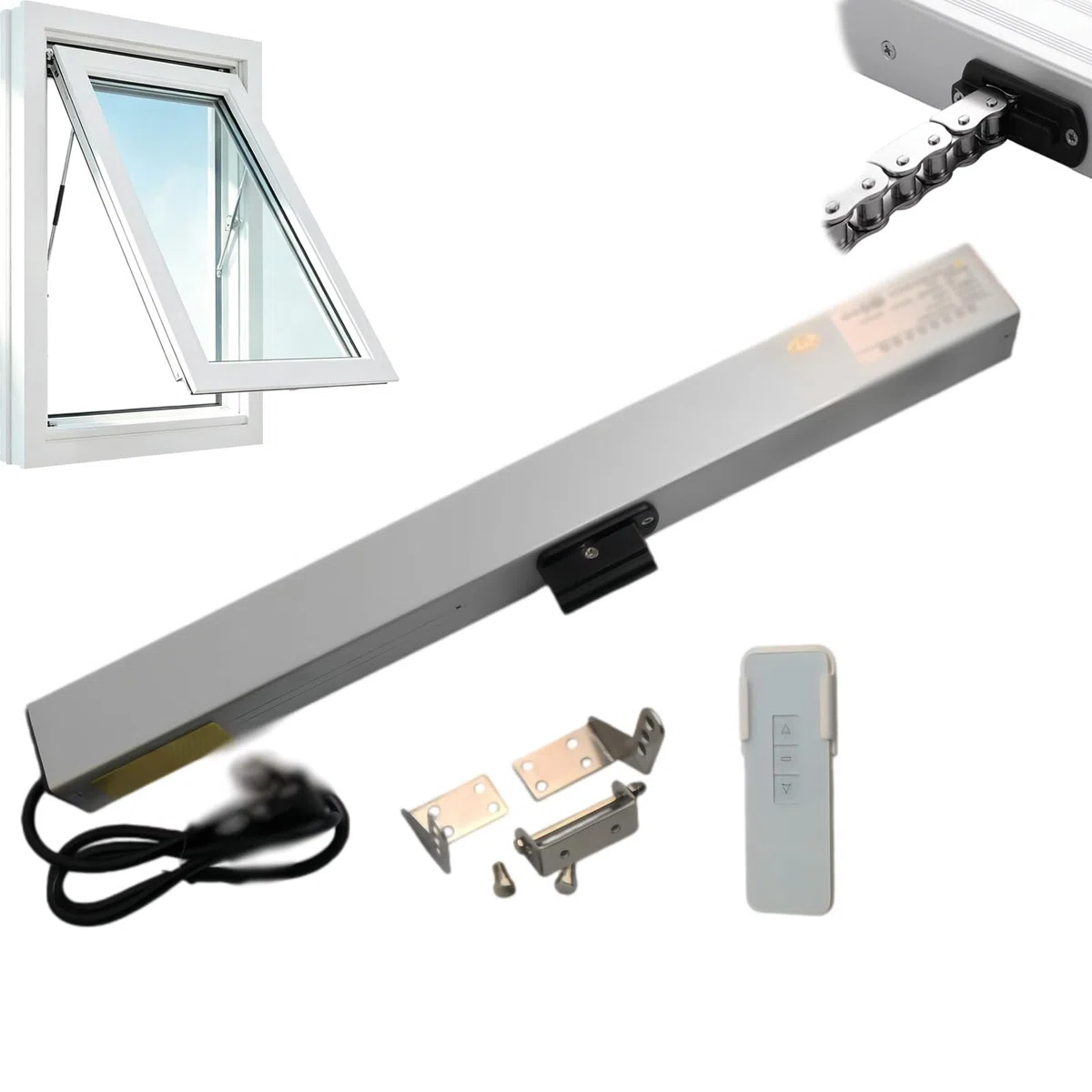 Abreventanas eléctrico con sensor de lluvia, cierre automático contra la lluvia, control remoto inalámbrico, cadena silenciosa de doble capa, empuje de 40 kg para invernaderos y rejillas de