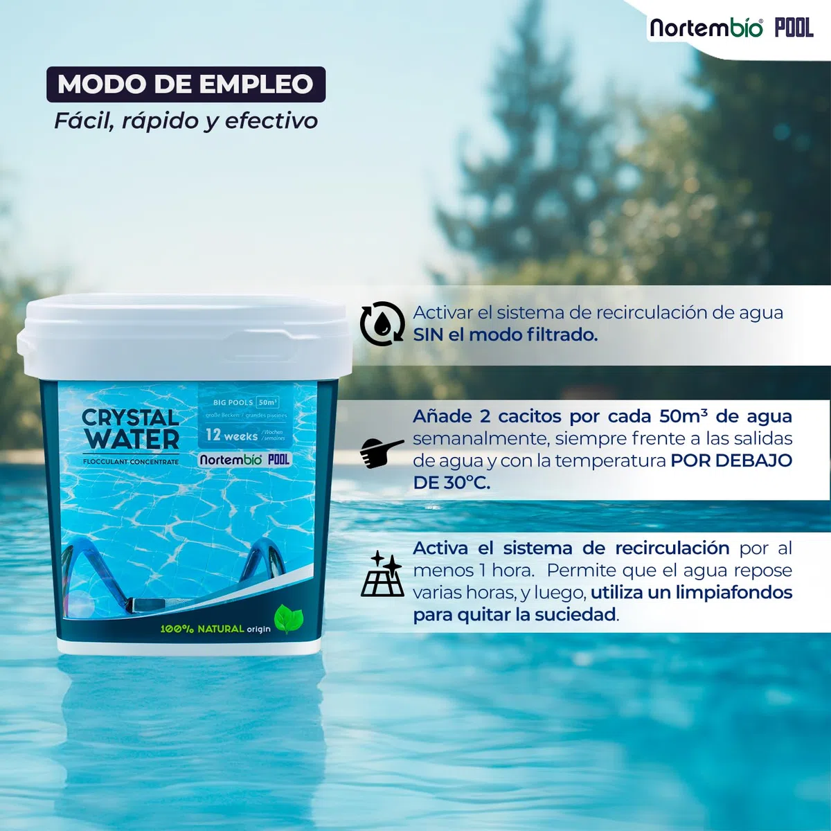 Nortembio Floculante Piscina Concentrado Clarificante Agua Turbia Piscina Grande y SPA 100% Natural Formato Ahorro Tratamiento 24 Semanas + Gratis eBook Usos y Consejos