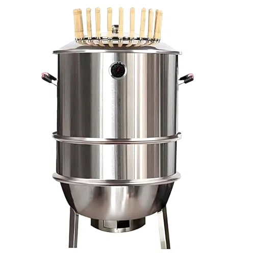 Barbacoa vertical de carbón ahumador con termómetro, barril desmontable sin humo para separación de aceite y carbón