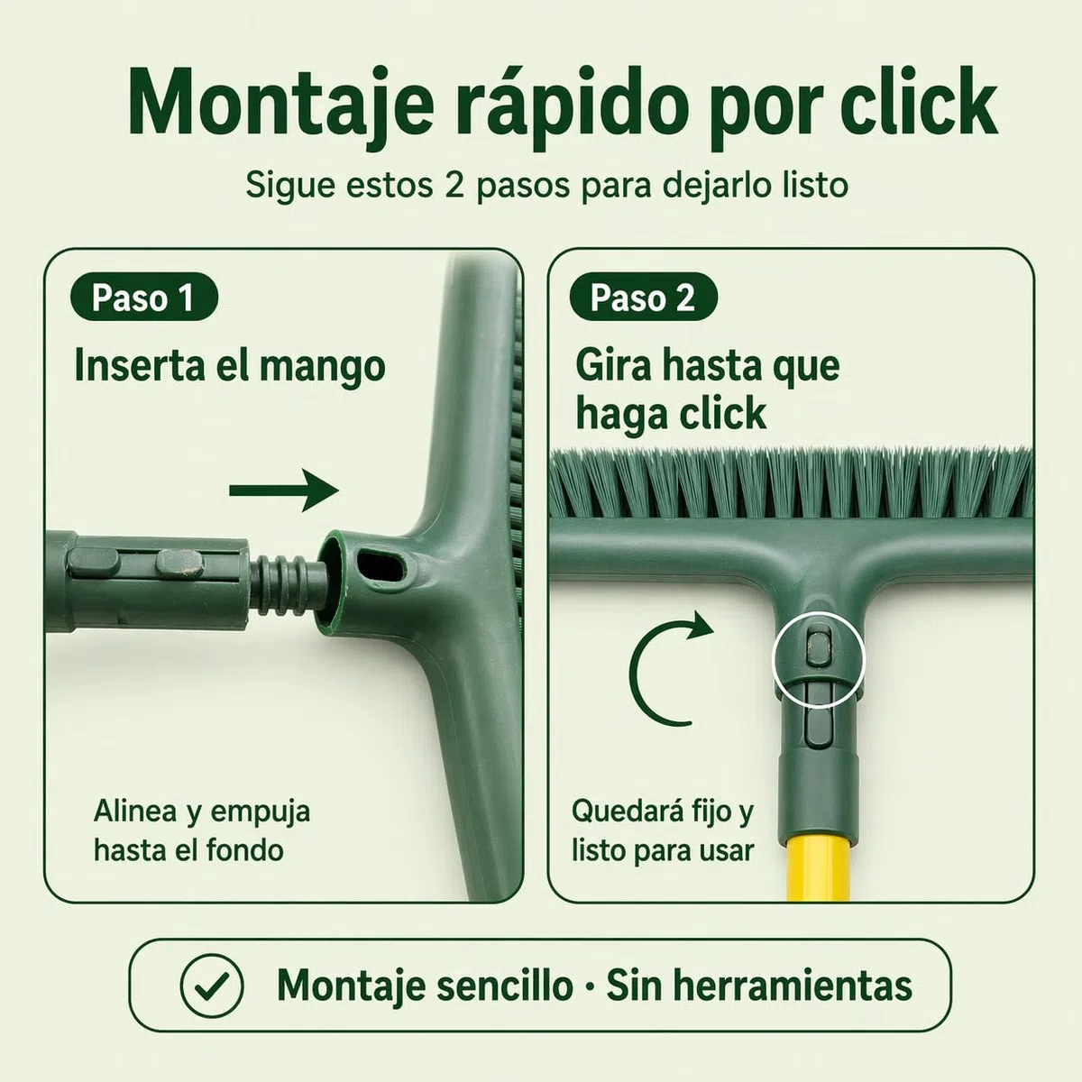 Cepillo para Césped Artificial con Mango Desmontable por Click – Cepillo Manual para Peinar, Limpiar y Levantar Fibras del Césped Sintético