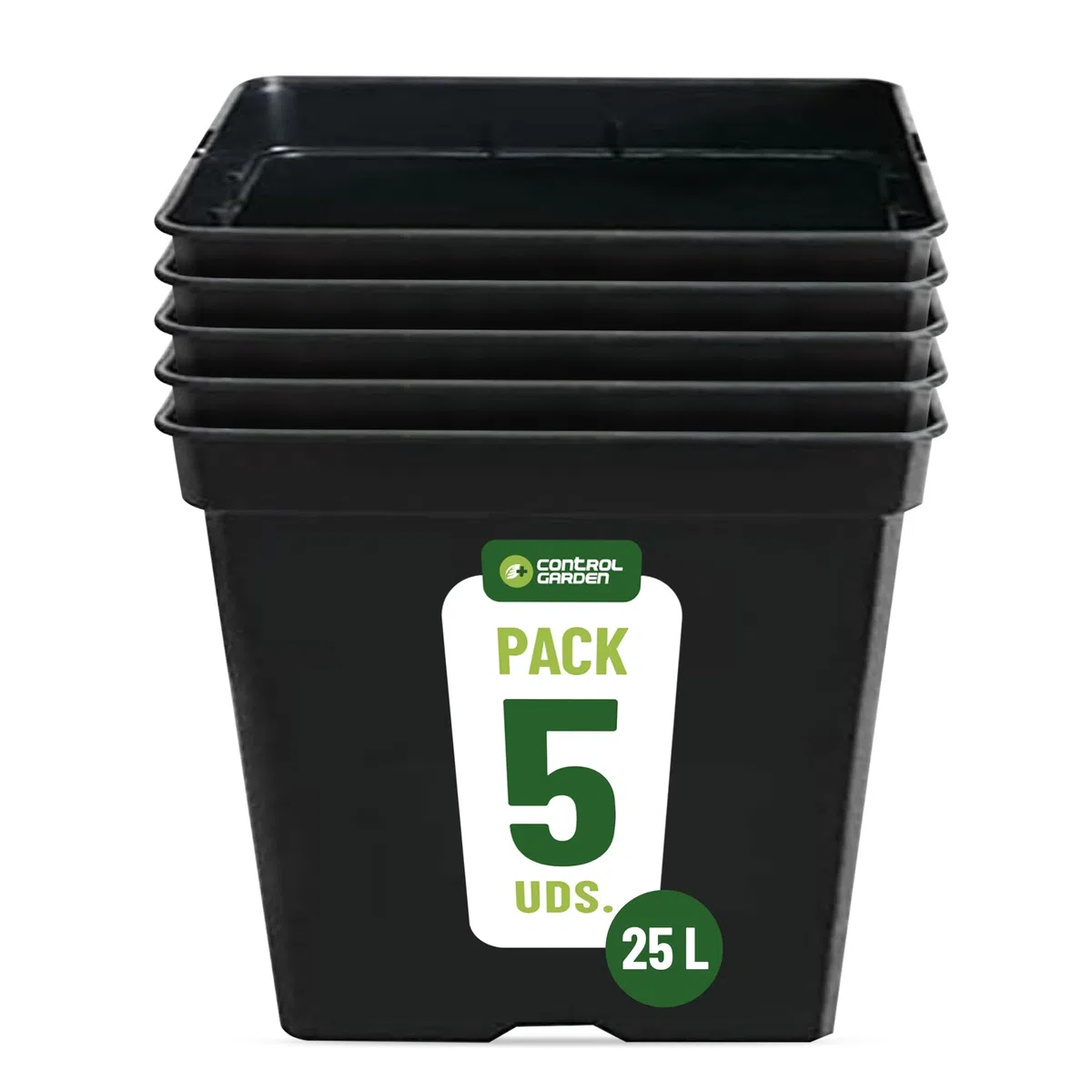 GROWMANIA Pack 5 Macetas Cuadradas para Plantas Negra 25L - Cinco Maceteros de Plástico para Flores 33x33x35 cm