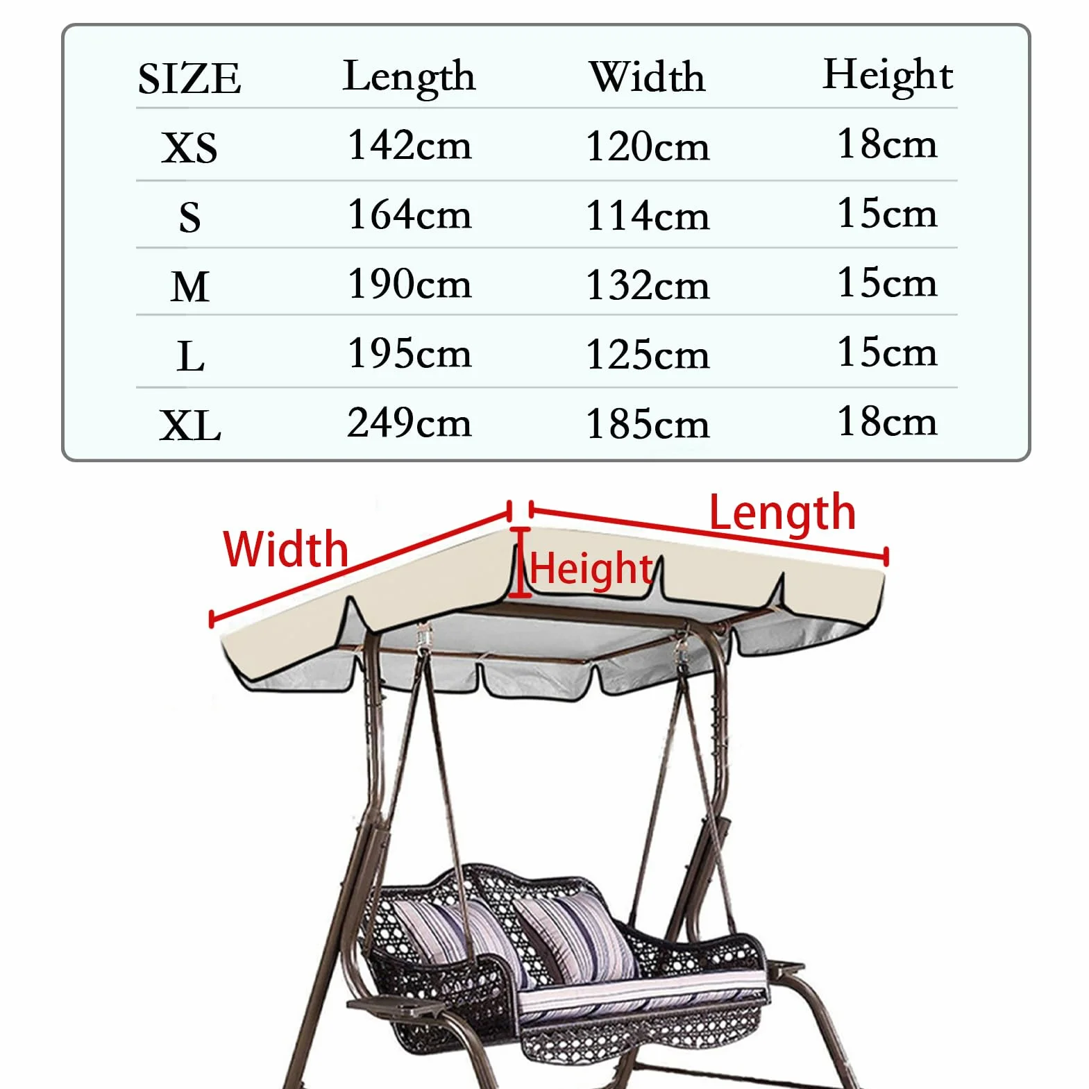 Toldo de Repuesto para Silla Columpio, protección UV, Prueba de Lluvia Polvo y toldo para Funda de Repuesto (2,164 * 114 * 15 CM)