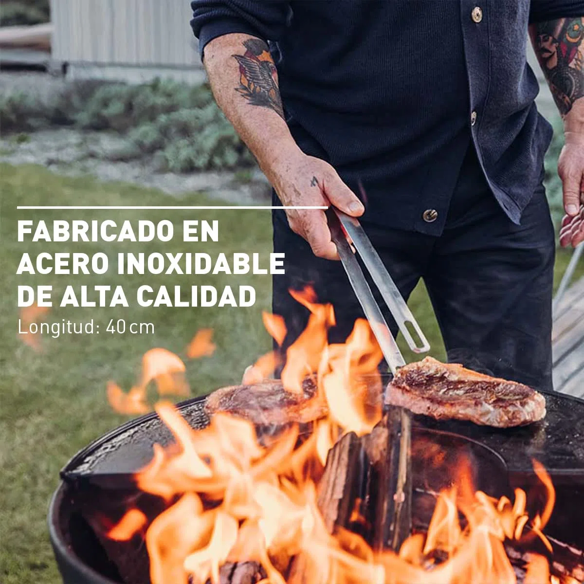 höfats - Pinzas de barbacoa de acero inoxidable 100% - con función de elevador de parrilla y rotura para colgar - Pinzas para carne muy estables, pinzas de cocina para barbacoa y cocina - Apto para