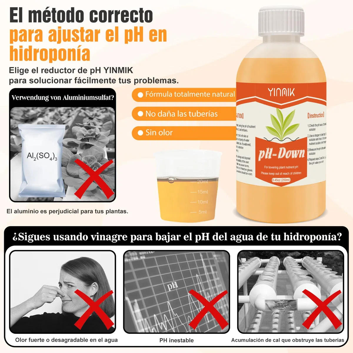 YINMIK Regulador de pH Hidropónico Universal, Kit de Ajuste de pH Hacia Arriba/Abajo (2 * 250 ml solución tampón premium), Eestabiliza y Es Apto Para Todos los Sistemas de Fertirrigación Hidropónica