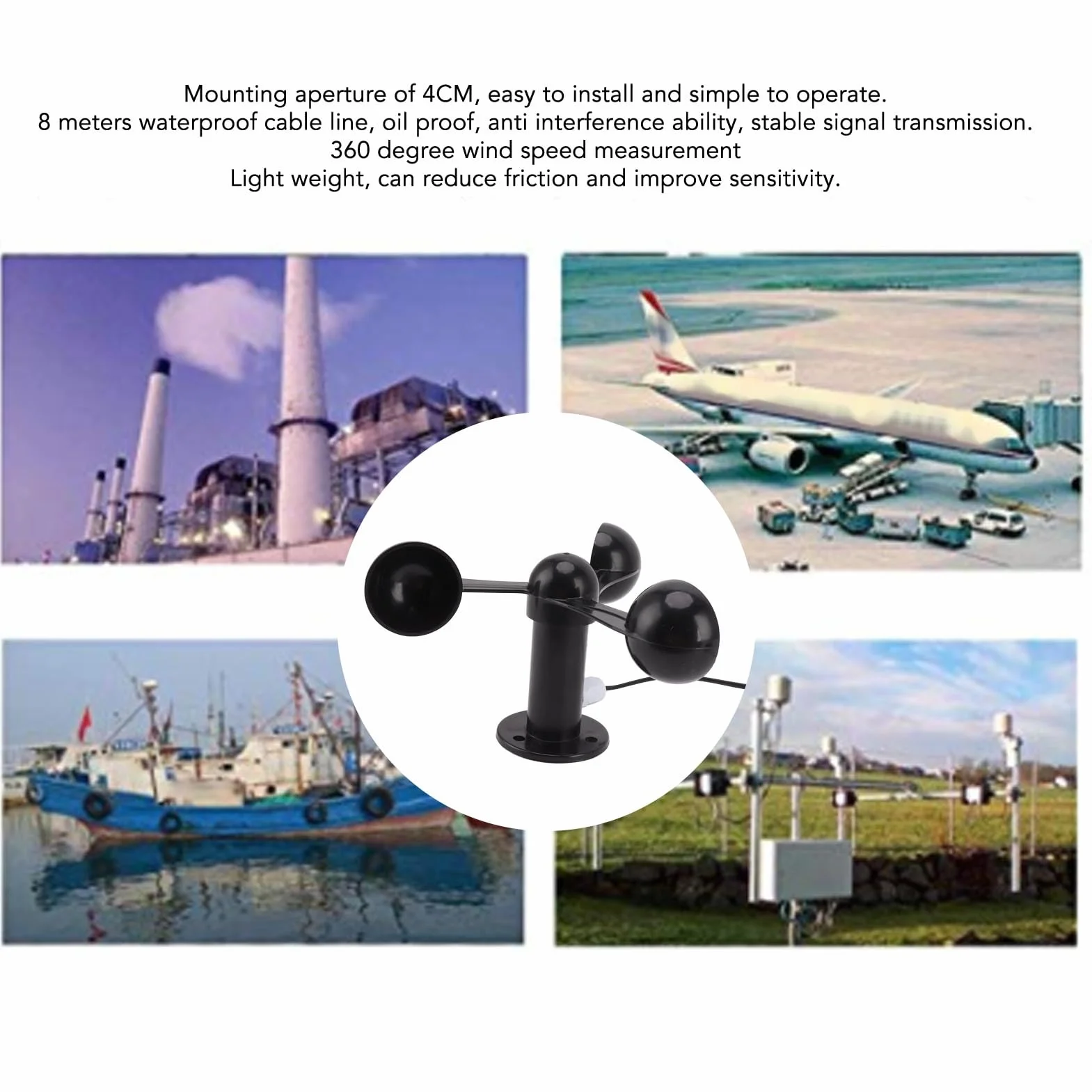 Sensor Anemómetro con Sensor de Viento de 3 Tazas con Cable Impermeable de 8 M, Antiinterferencias, Ampliamente Utilizado, Fácil Instalación para Medición de Viento Al Aire Libre