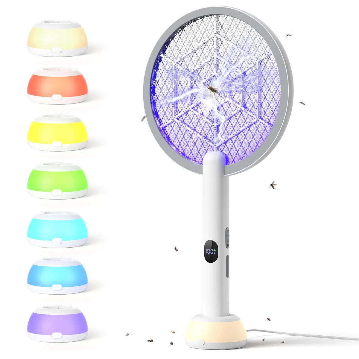 YISSVIC Raqueta Mosquitos Electrica Mata Mosquitos Electrico 3 en 1 con Base de Luz 4000V 1800mAh Recargable USB-C Matamoscas Electrico de Luz UV- Blanco