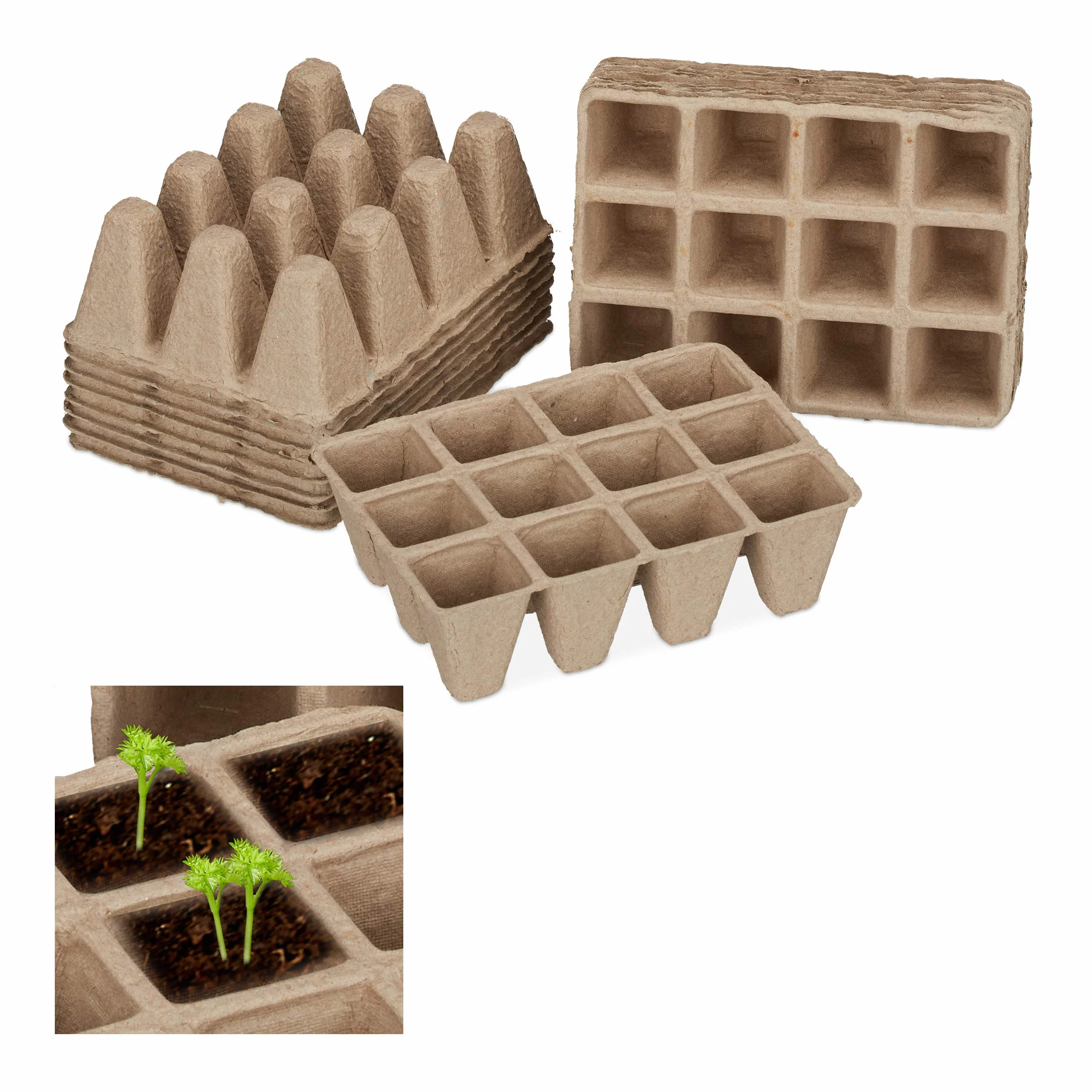 Relaxdays Macetas biodegradables, Kit semillero, Cuadradas, Celulosa, Altura de 5 cm, 204 Uds., Beige