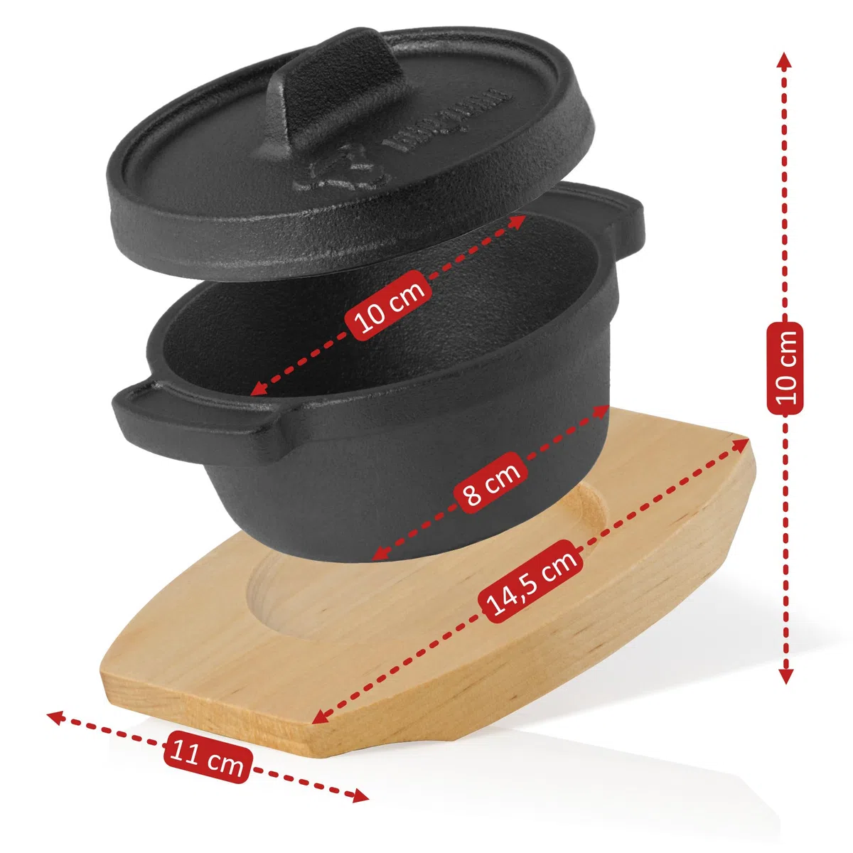 BBQ-Toro Mini Dutch Oven con Base de Madera | Ø 11 cm | Horno Holandés | Olla de Hierro Fundido para Servir | Quemado - pre-Seasoned | Olla con Tapa | Cazuela para Estofar