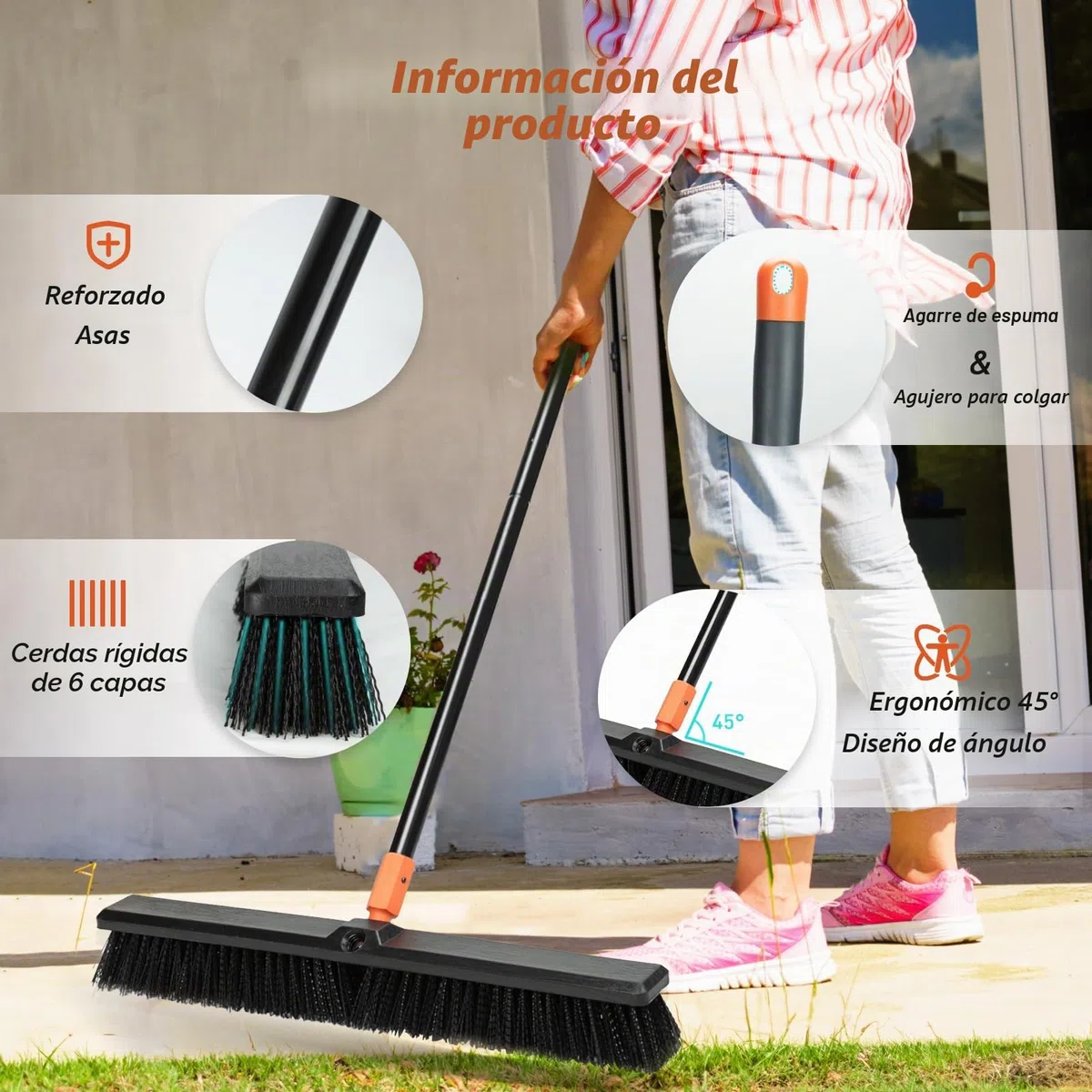 TreeLen Escoba de empuje de 24 pulgadas para exteriores, cepillo de limpieza de suelos resistente con mango largo, cerdas rígidas, para patio, garaje, cubierta, entrada, limpieza de suelos de concreto
