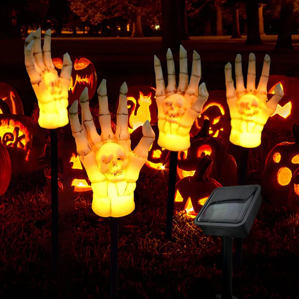 Manos de Esqueleto,Decoración Halloween,Estacas de Brazo de Esqueleto Iluminadas,Luces Solares para Jardín Exterior,Decoraciones de Halloween,para Jardín al Aire Libre Casa y Exterior