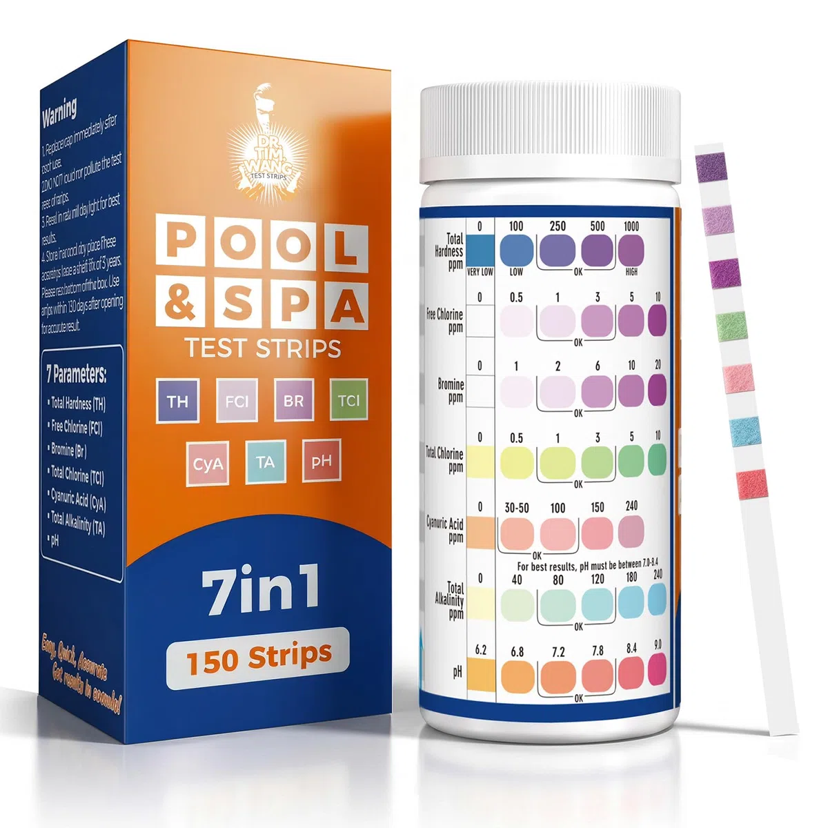 7 en 1 Tiras Reactivas para Baños de Hidromasaje, 150 pcs | Tiras de Prueba para Piscinas y Spa, mide el pH, Cloro Libre, Cloro Total, Bromo, Alcalinidad Total, Dureza Total y Ácido Cianúrico