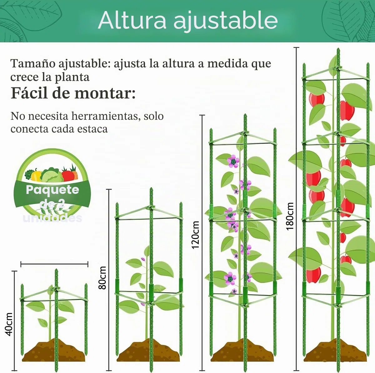 KAHEIGN 2 Piezas Jaulas de Tomate de Jardín, 160CM Enrejado de Marco de Soporte de Planta Ajustable para Verticales Escalada Planta Verduras Flor Frutas Enredadera - con 60Pz Bridas, 20Pz Jardín Clips
