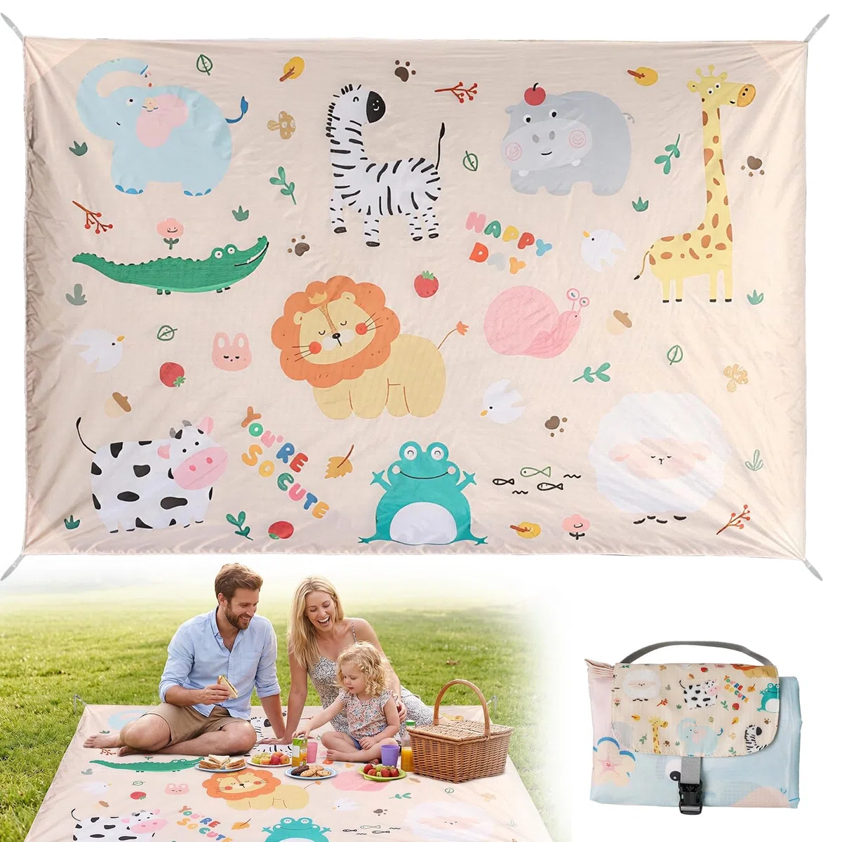Hossom Manta de Picnic Impermeable, 150x210 cm Ligero y Compacto Alfombra Camping con Asa, Esterilla Playa, Manta Plegable Portátil para Camping, Parque, Jardín, Playa, Lavable a Máquina
