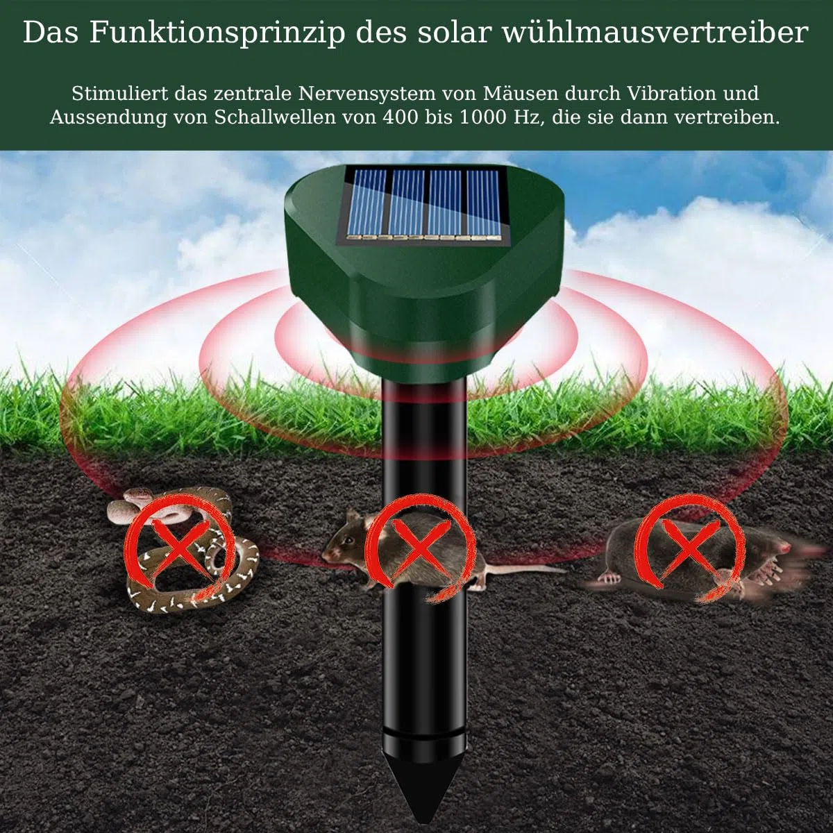 Ahuyentador de Topos 4 Piezas, IP65 Impermeable, Campañoles, Ratones, Hormigas y Serpientes, Apto para Jardines, Campos, Cultivos, Campos de Golf
