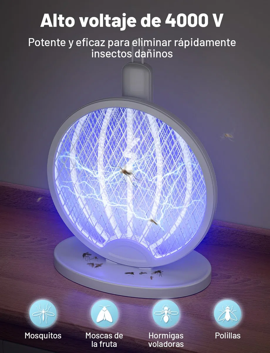 YISSVIC Raqueta Mosquitos Electrica Mata Mosquitos Electrico Plegable 3 en 1 4000V 1800mAh con Base Recargable USB-C Matamoscas Electrico de Luz UV para Mata Mosquitos, Polillas y Hormigas Voladoras