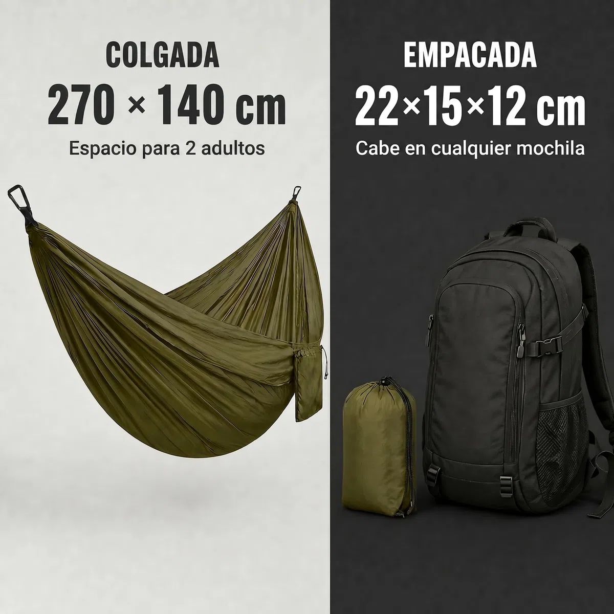 Hamaca Ultraligera Verde Militar para Exterior y Camping, Hamaca Colgante con Correas de fijación y Anillos en D, Carga hasta 300 kg para Jardín Balcón Terraza