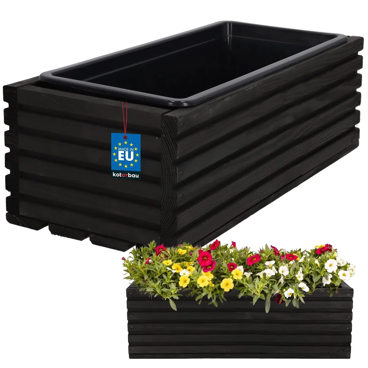KOTARBAU Jardinera de madera de 44 x 20 cm con maceta interior para balcón, color negro, maceta para balcón, maceta, macetero, macetero, jardinera, exterior, balcón, jardín, terrazas, caja con inserto