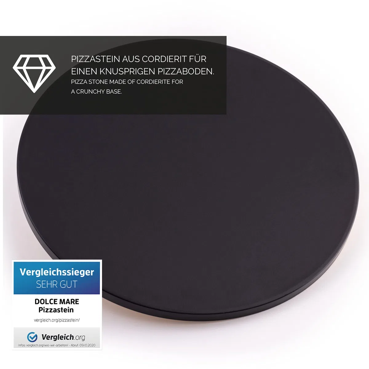 Set con piedra redonda para pizza, pala de madera & cortador - Piedra negra de cordierita de alta calidad apta para horno y parrilla - Piedra para hacer pizzas crujientes al estilo italiano