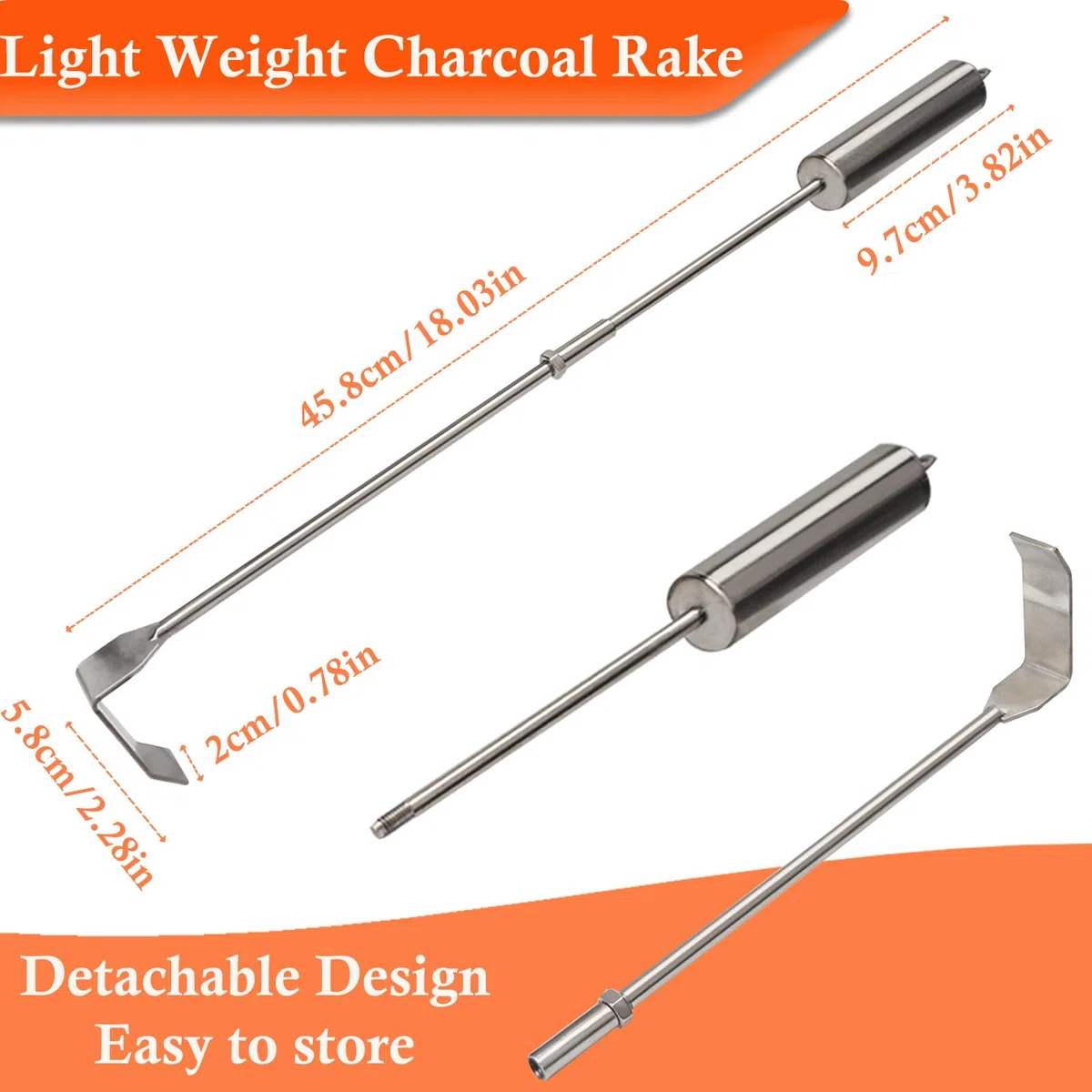 45.8 cm Rastrillo de Carbon, Herramienta de Eliminación de Cenizas Herramientas de Rastrillo de Ceniza de Acero Inoxidable, Mango de Metal Cómodo, Herramientas Ceniza para Acampar al Aire Libre