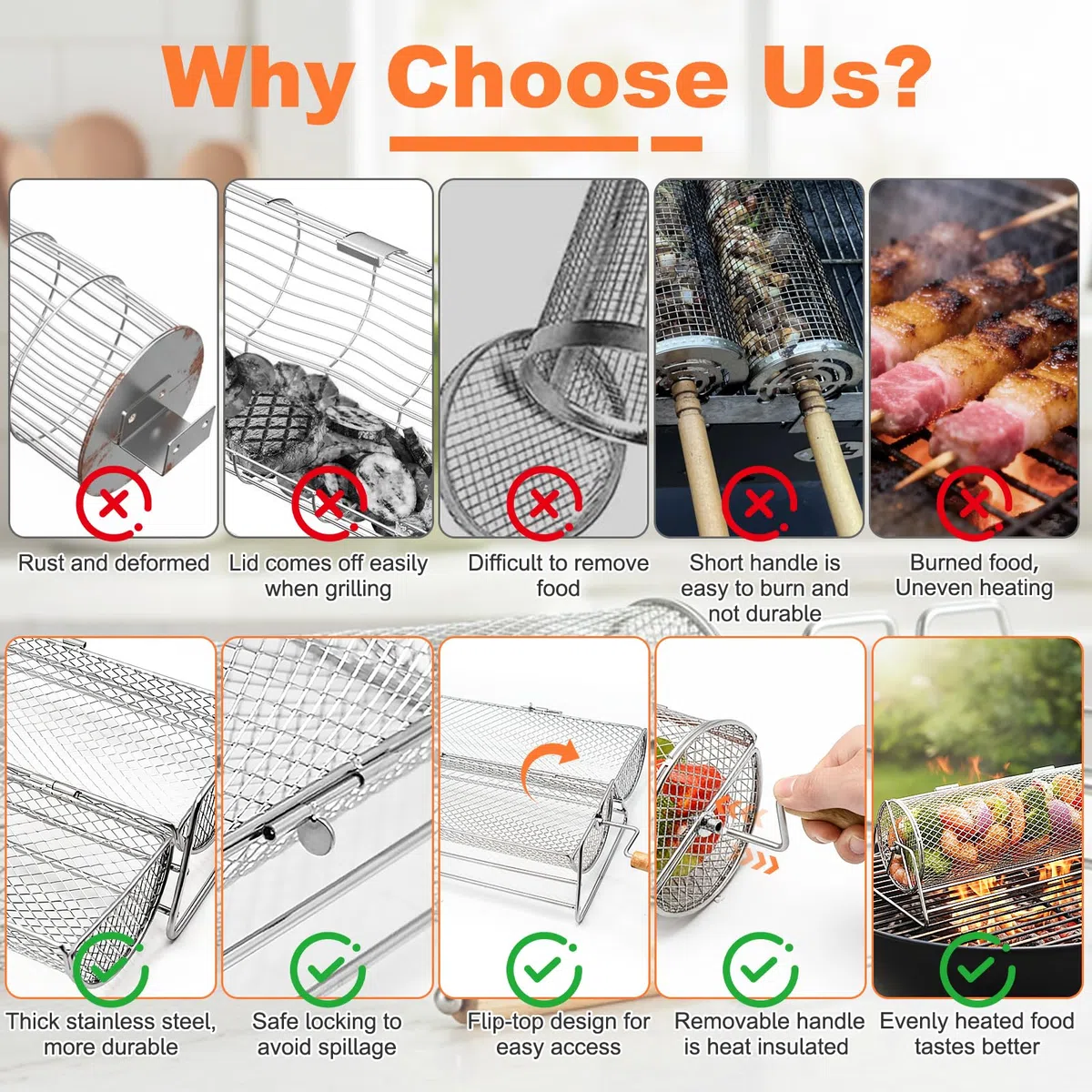 Cesta de Parrilla Rodadiza, Cesta de Parrilla de Acero Inoxidable, Accesorios Barbacoa con Mango de Madera Extraíble, Rejilla Barbacoa Utensilios bbq para Exterior Camping, Regalos Hombre