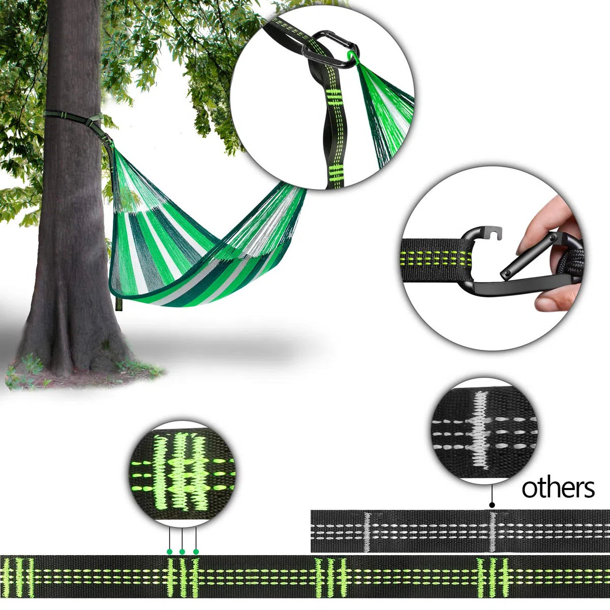 LeaderPro 2 Piezas Correas de Hamaca, 300cm, Máximo 500 kg Accesorios Cinturon de Hamaca Correas para Árboles Camping con 2 Mosquetones, 1 Gancho para Silla Colgante, con Bolso de Mano