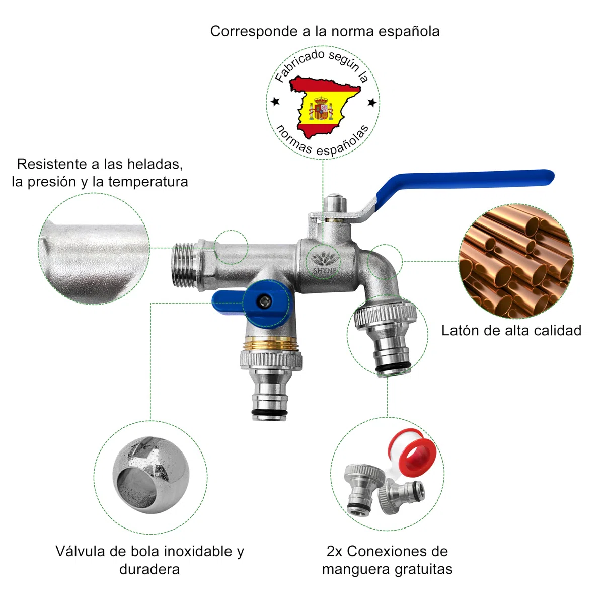 SHYNE Grifo Doble de Calidad de Latón de 1/2 '' Pulgada - Resistente al Óxido y las Heladas + 2 Conexiones de Manguera + E-Book | Para Jardín, Lavadora, Barril de lluvia