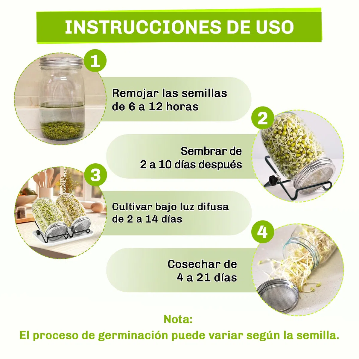 Kit de Tarros de Germinación, Kit de Brote de Semilla con 2X 750ml Frascos de Germinación, 2X Soporte, 1x Bandeja,2 Filtros de Acero Inoxidable, para Cría de Brotes