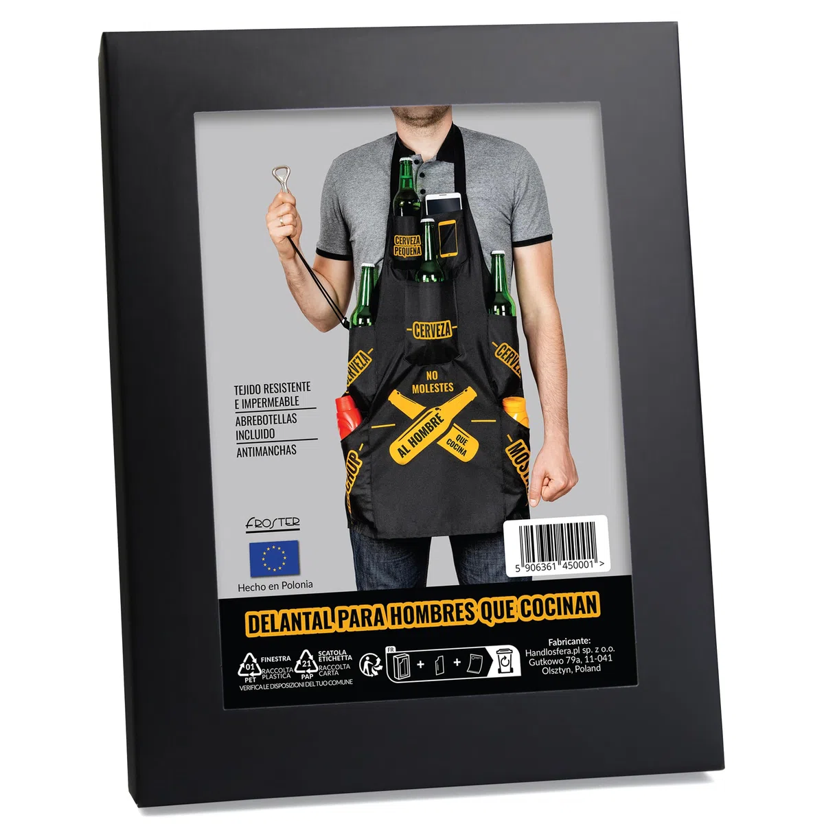 Froster Delantal Barbacoa Hombre, Delantal Cocina Hombre Divertido, Impermeable, 7 Bolsillos para Cerveza, Regalo Padre, Hermano, Marido, Amigo