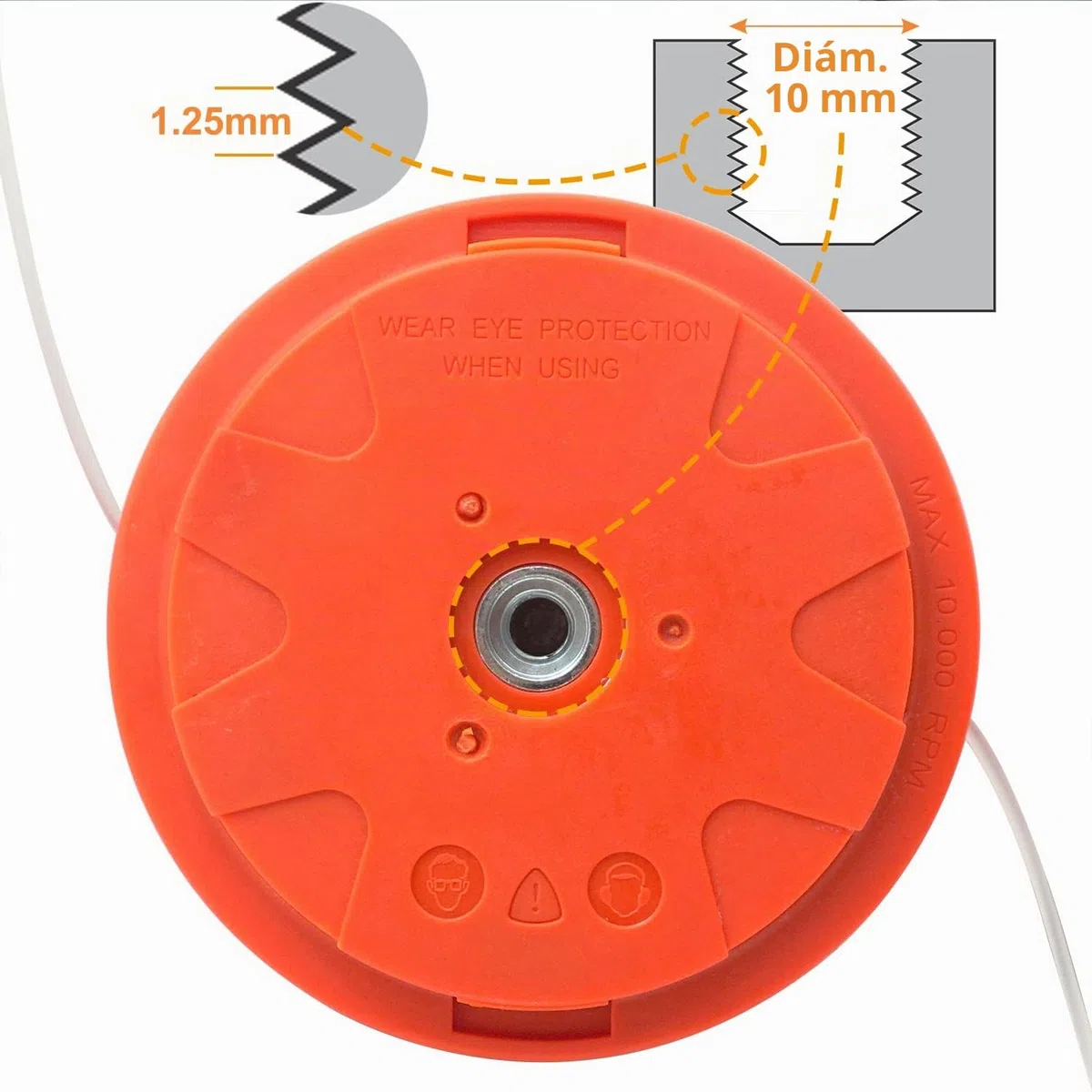 Cabezal de bobina de repuesto M10 x 1,25 mm para desbrozadora, cable izquierdo con hilo de 15 m x 2,4 mm, color naranja