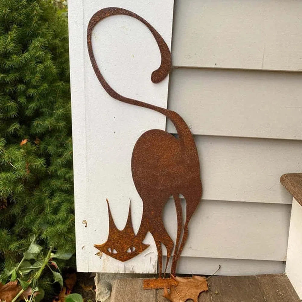 Decoración de valla de metal para gatos, arte de hierro oxidado, silueta de patio al aire libre para decoración de jardín, decoración de césped, arte de jardín de gatos de metal para amantes