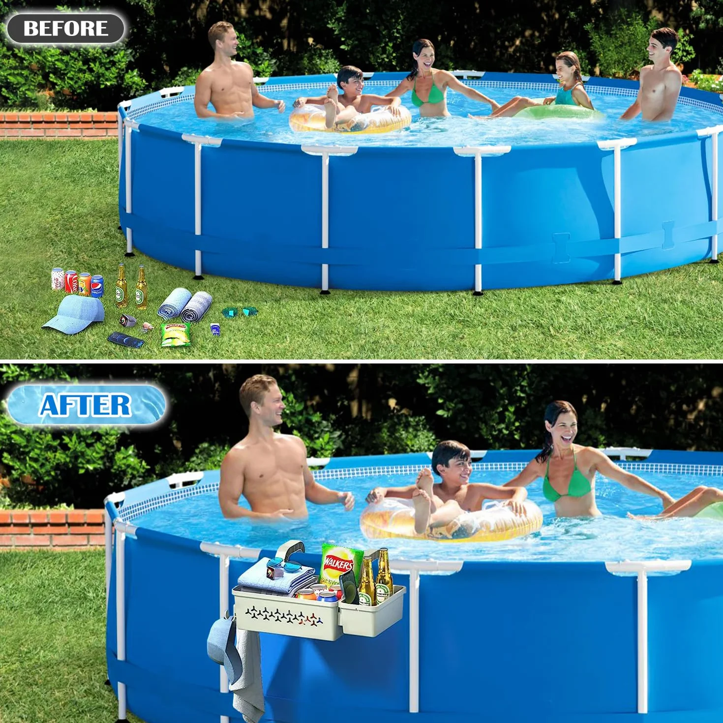 Papelera Almacenamiento para Piscina con Portavasos, Poolside Cesta de Almacenamiento Junto a la Piscina, Accesorio para Piscina Sobre el Suelo, Gris