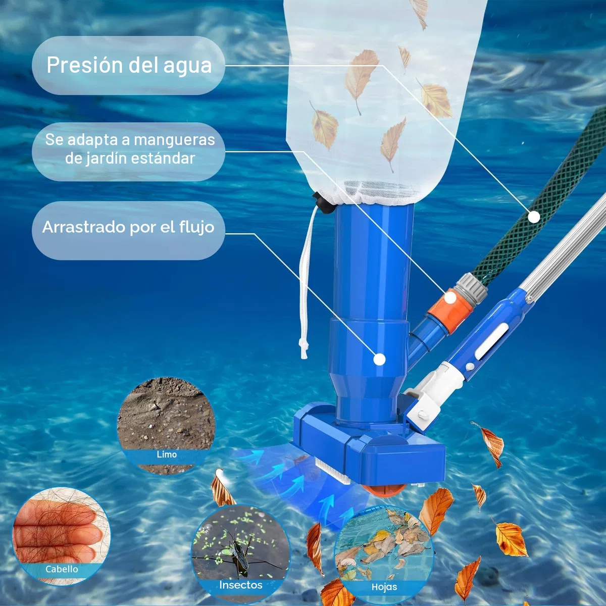 Aspiradoras de Mano, Aspirador de Piscina para Piscinas con 4 Postes de Aluminio Extraíbles, Kit de Mantenimiento de Piscinas con Aspirador para Piscinas, Fuente, Hidromasaje, Estanques