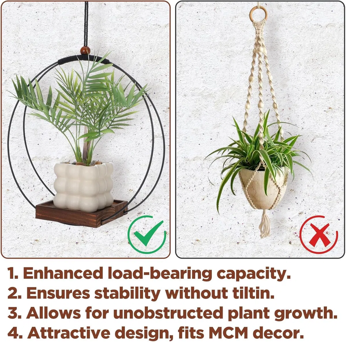2 Macetas Colgantes de Macramé con Base de Madera Set de 2 Piezas, Colgadores Dorados para Plantas, Maceta Colgante para Interiores y Exteriores, Gancho Incluido