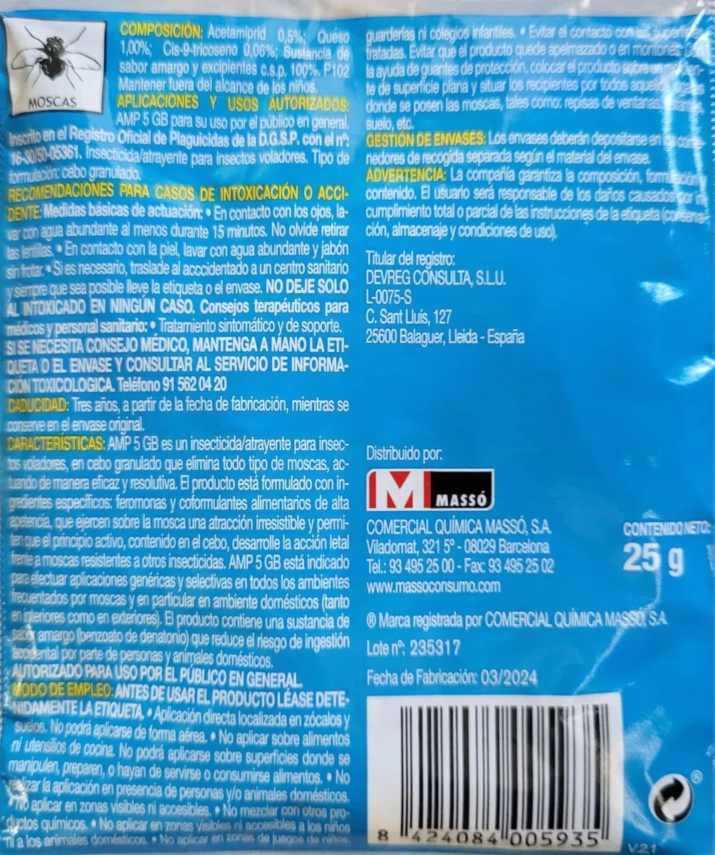 Peyca Cebo granulado para Moscas AMP 5GB 25gr - Preben Masso. Elimina Todo Tipo de Moscas. Atrayente alimenticios y feromonas. (6 Unidades)
