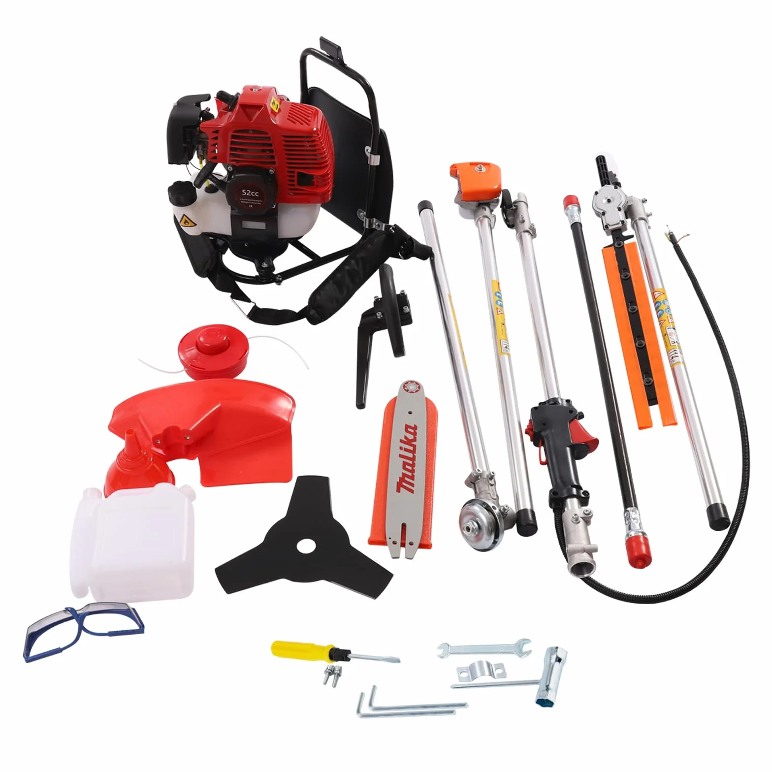 Cortasetos de gasolina, 52 cc, dispositivo multifunción de 2 tiempos, cortasetos telescópico con podadora, desbrozadora, motor de 1,7 kW, barra de extensión de 2,7 m, herramienta de jardín de gasolina