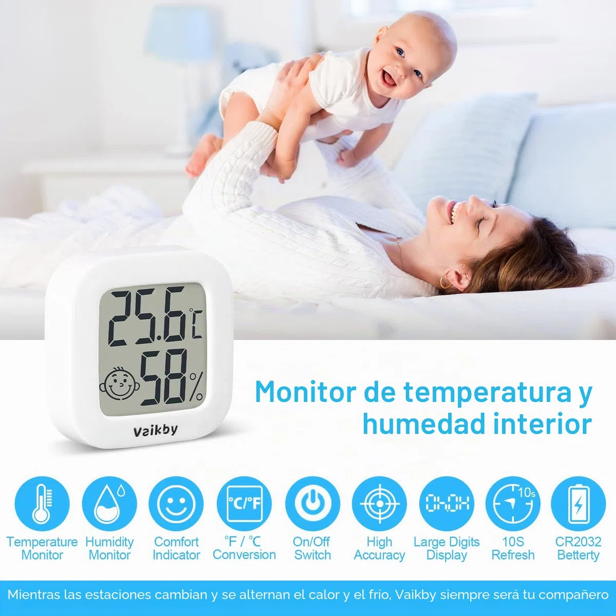 Vaikby - Paquete de 6 termómetros digitales de habitación, higrómetro LCD, medidor de temperatura y humedad, Celsius/Fahrenheit para casa, invernadero, bebé, oficina