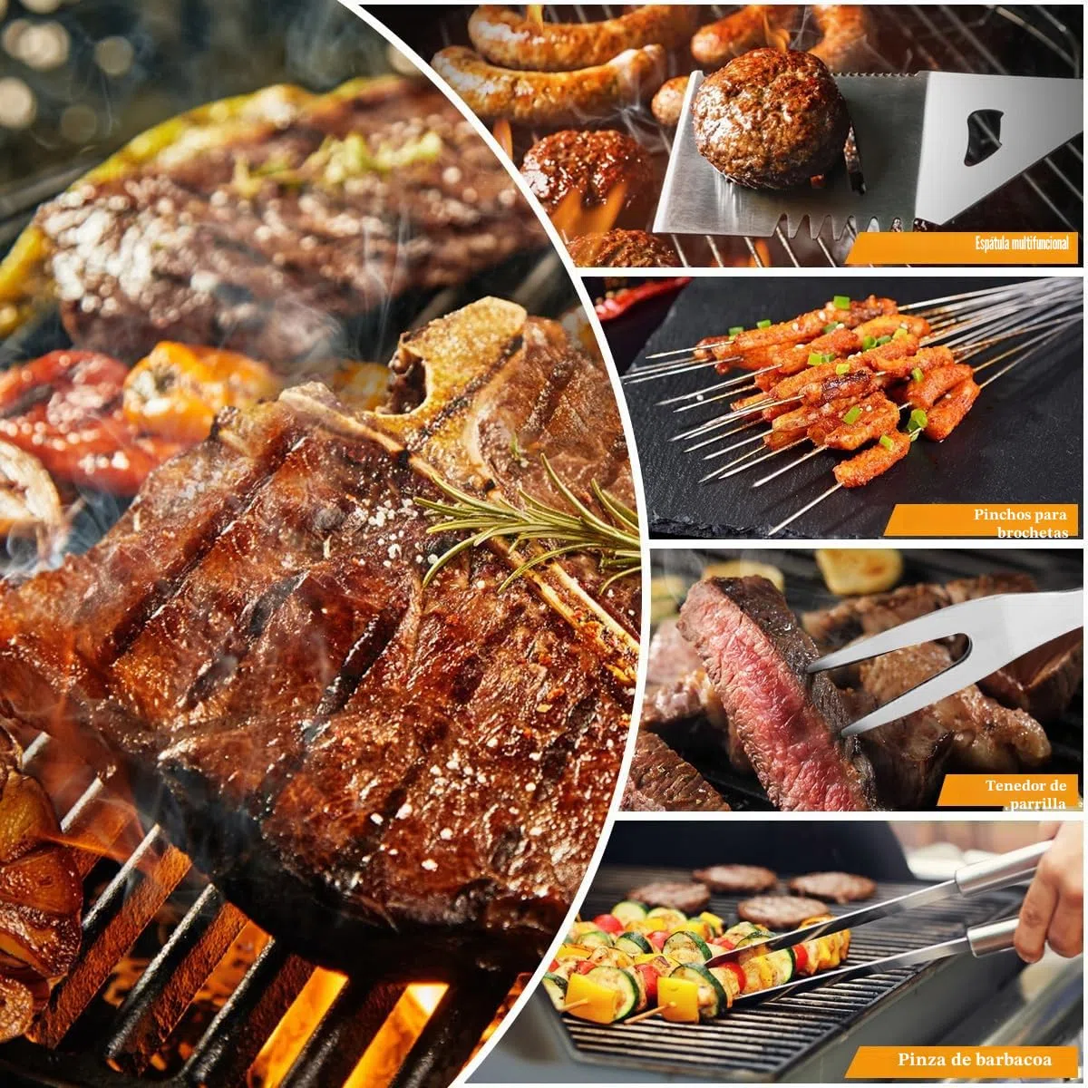 Kit de 3 herramientas para parrilla de barbacoa, utensilios de acero inoxidable con bolsa de transporte, espátula, pinzas y cepillo de limpieza