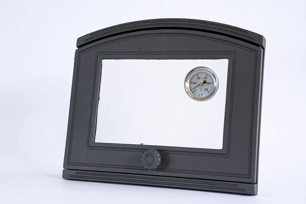 Euro Sezam - Puerta de horno de fundición de grafito - Puerta de horno maciza gruesa para zurdos - - DZL15T500 - Puerta simple con ventana de vidrio y termómetro de 500C - 372x320 mm