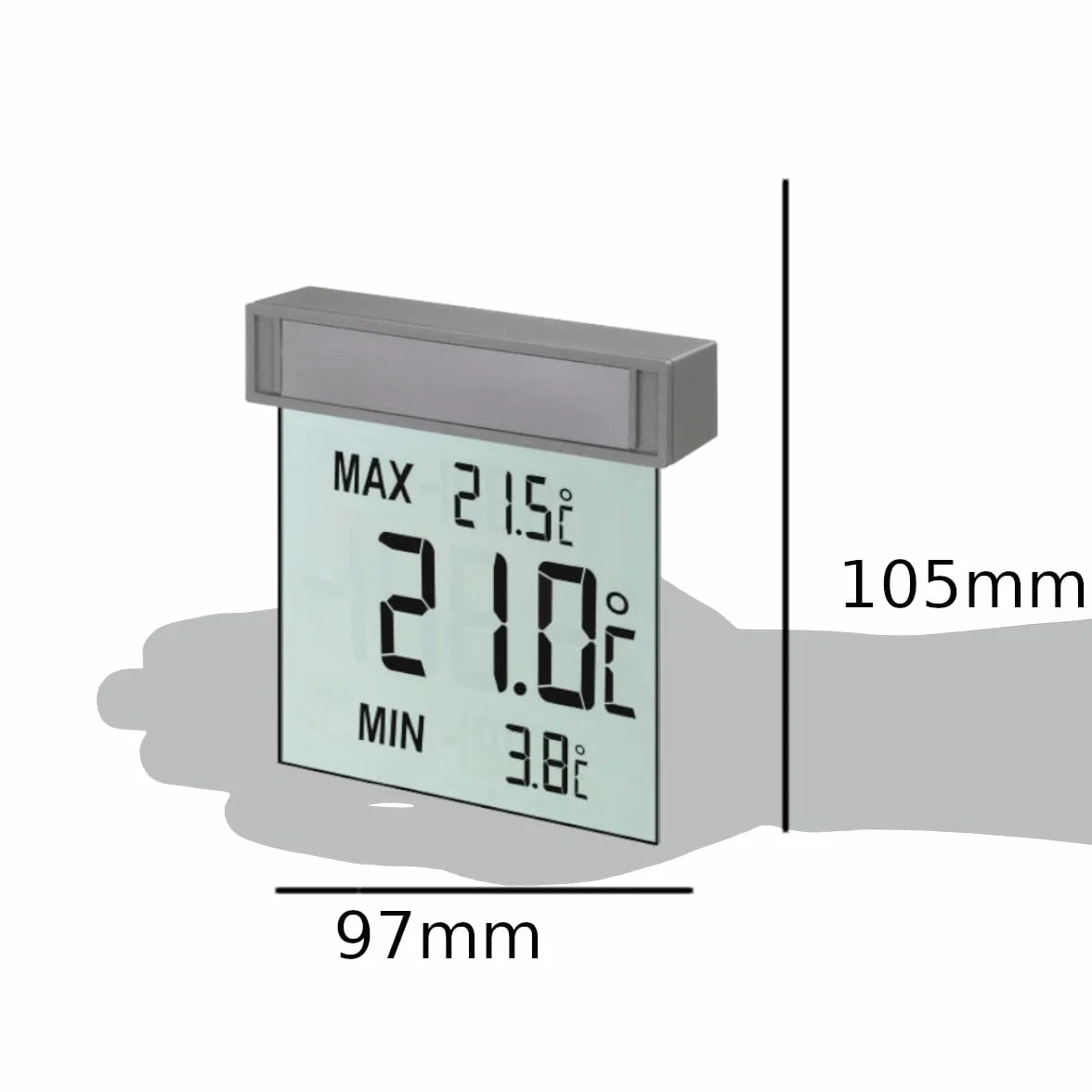 Termómetro de ventana digital TFA Dostmann Vision, 30.1025, pantalla grande con temperatura exterior, L 97 x An 22 x Al 105 mm