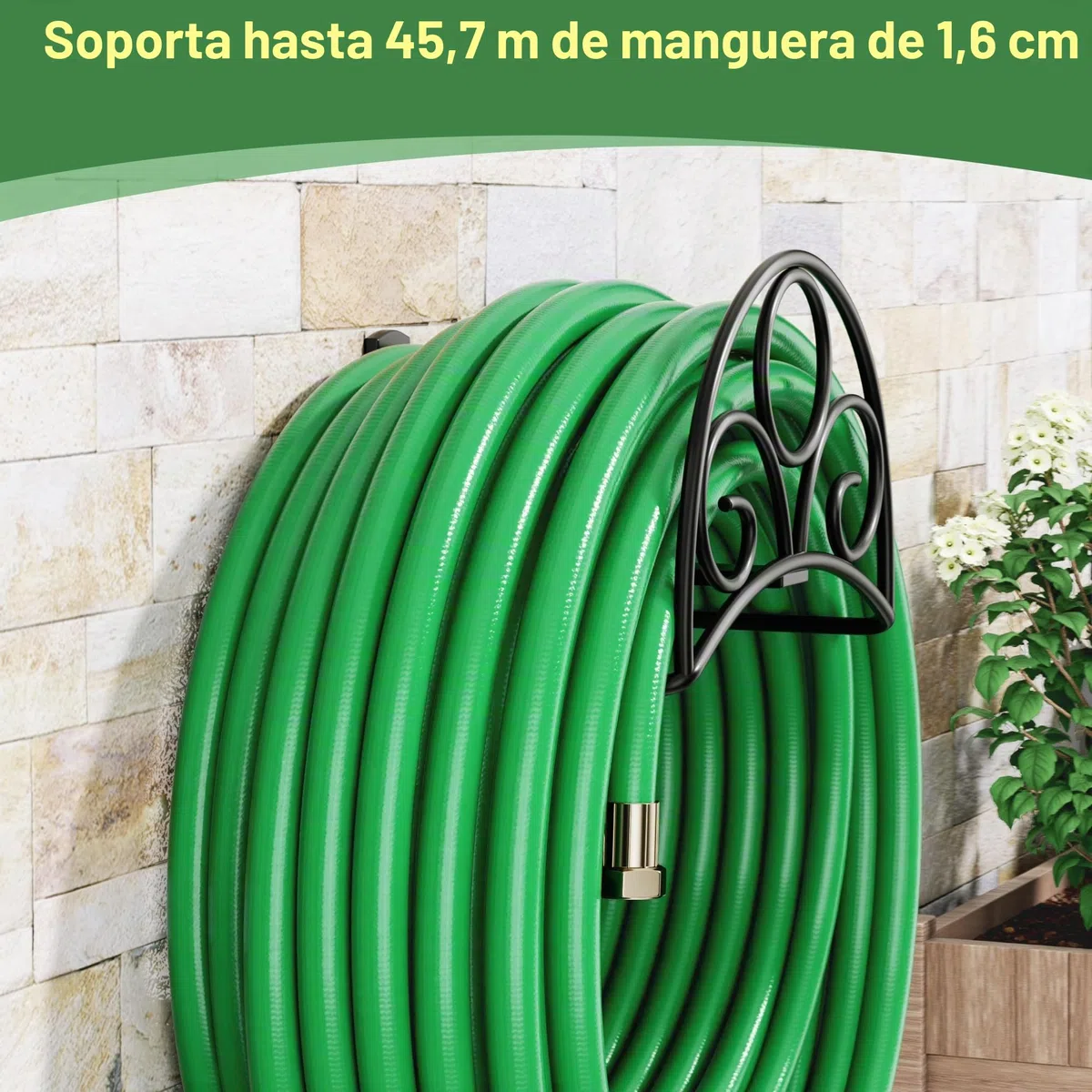 Soporte para manguera de jardín de montaje en pared, soporte de pared de metal para manguera de jardín, Negro