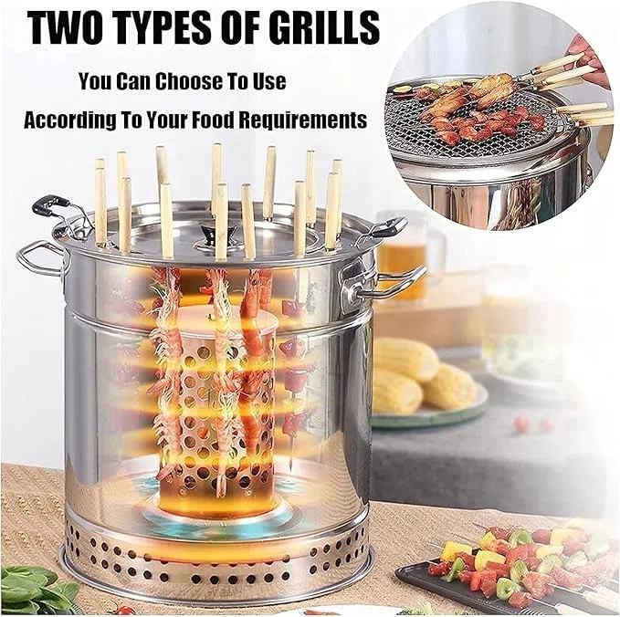 Parrilla de carbón portátil sin humo y ahumador vertical para barbacoa, barril de acero inoxidable con asado giratorio para cocinar al aire libre
