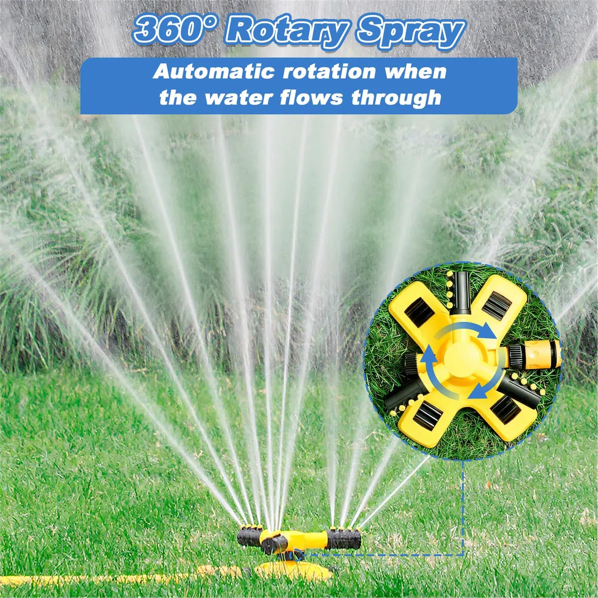 Aspersor Jardín Rotante Ajustable 360º, 3 Brazos Aspersores de Riego Césped Automático Pulverización Efficiente, Equipos Agua Irrigador Rotación Multiusos para Exteriores Plantas, Flores, Verduras