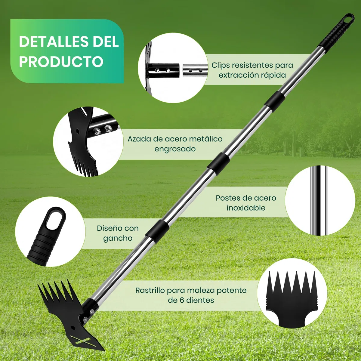 Extractora de Malas Hierbas con Mango Largo de 148 cm,Rastrillo de Azadas de Jardín 2 en 1 con Rastrillo y Azada, para Patio, Césped, Terraza, Jardín