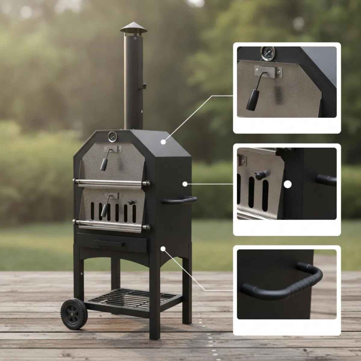Gralara Parrilla de Carbón Vegetal para Barbacoa Barbacoa Asador Ahumador con Cuerpo Vertical y Chimenea Alta Metal y Acero Inoxidable con Asa Lateral Rueda y