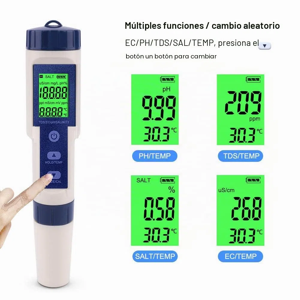 WANGCL - Probador de pH digital 5 en 1 con pantalla LCD y compensación automática de temperatura PH/TDS/EC/SALT/TEMP